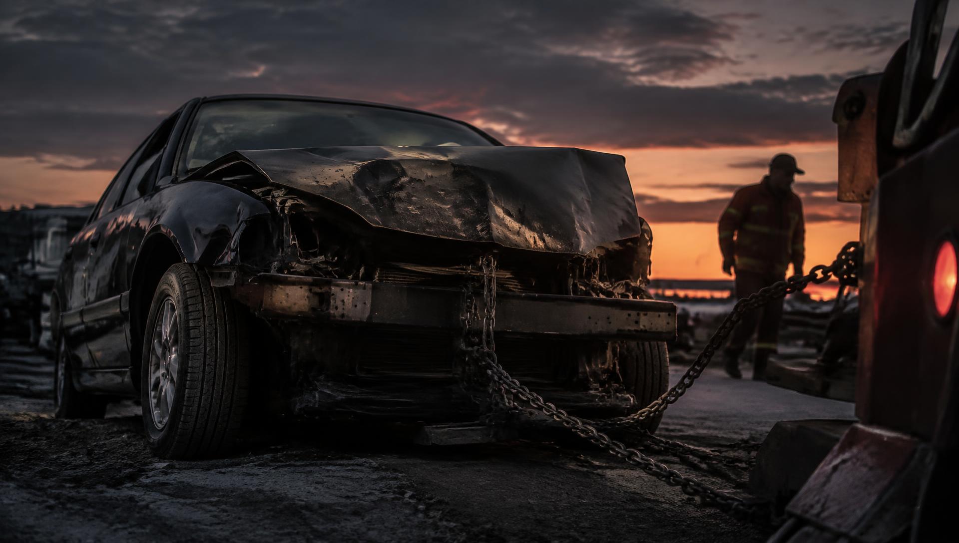 Junk vehicle chained and prepared for removal at dusk