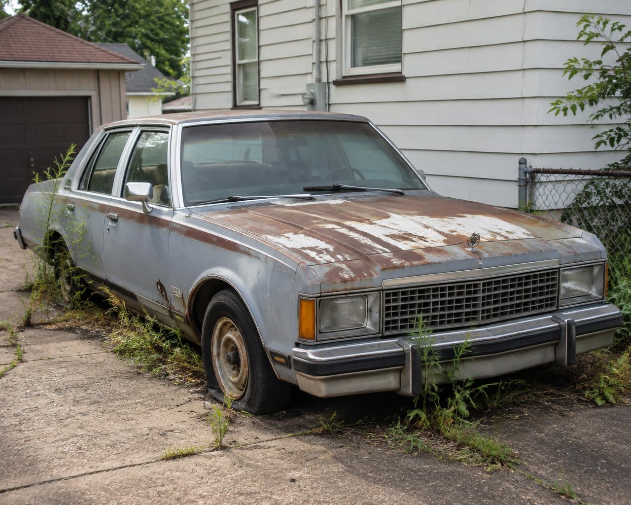 Old rusty vehicle sitting unused in a residential driveway