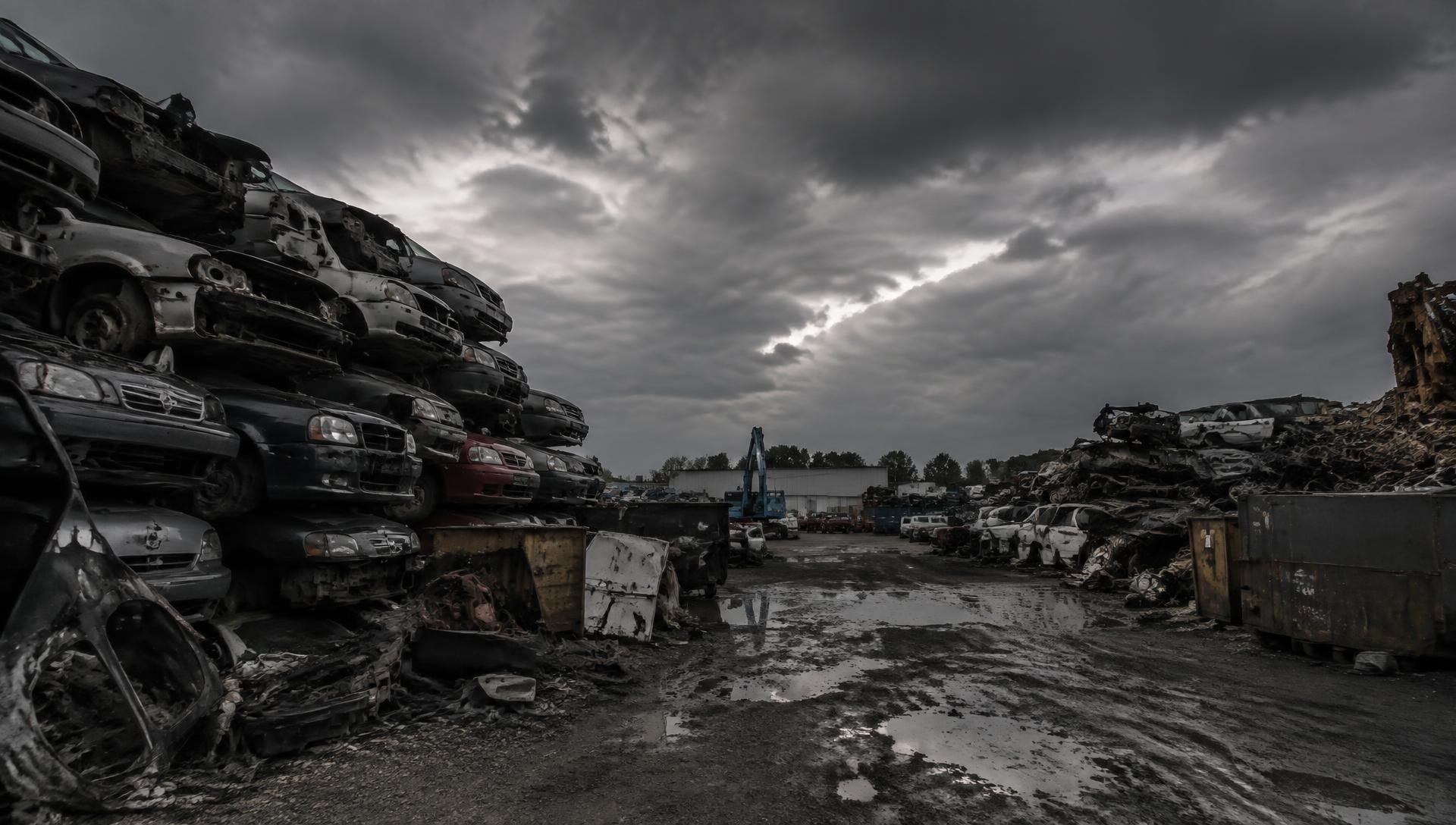 Automotive salvage and recycling yard with stacked junk cars
